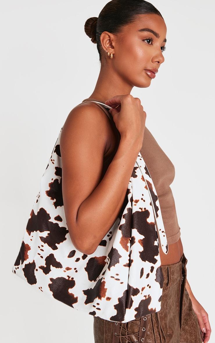 Brown Pu Cow Print Slouchy Oversized Tote Bag Product Image