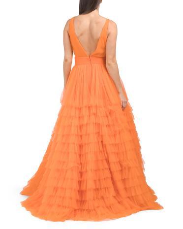 V-neck Ruffle Tulle Gown for Women | Polyester Product Image