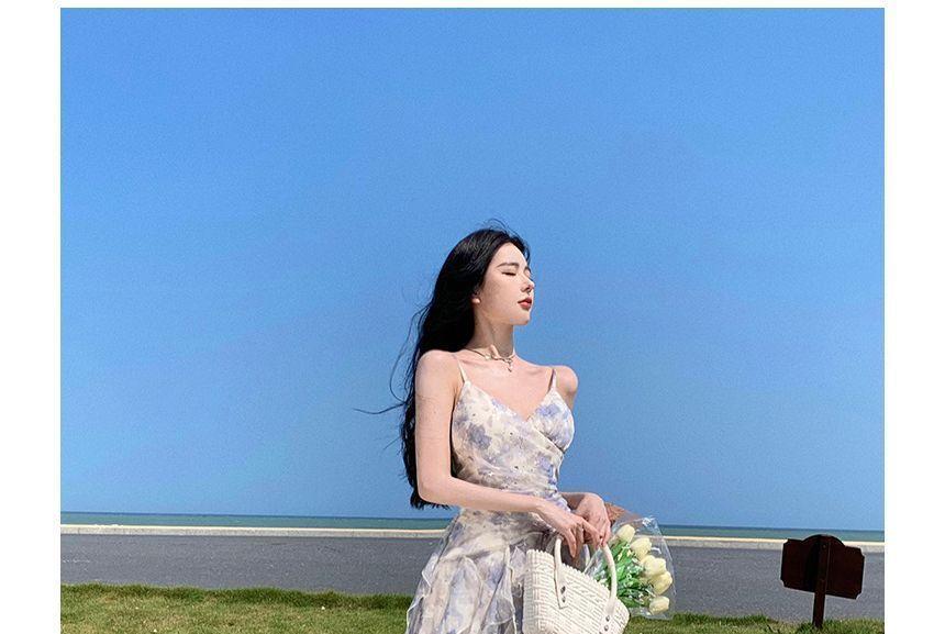 Spaghetti Strap Floral Slit Ruffle Trim Midi A-Line Sundress Product Image