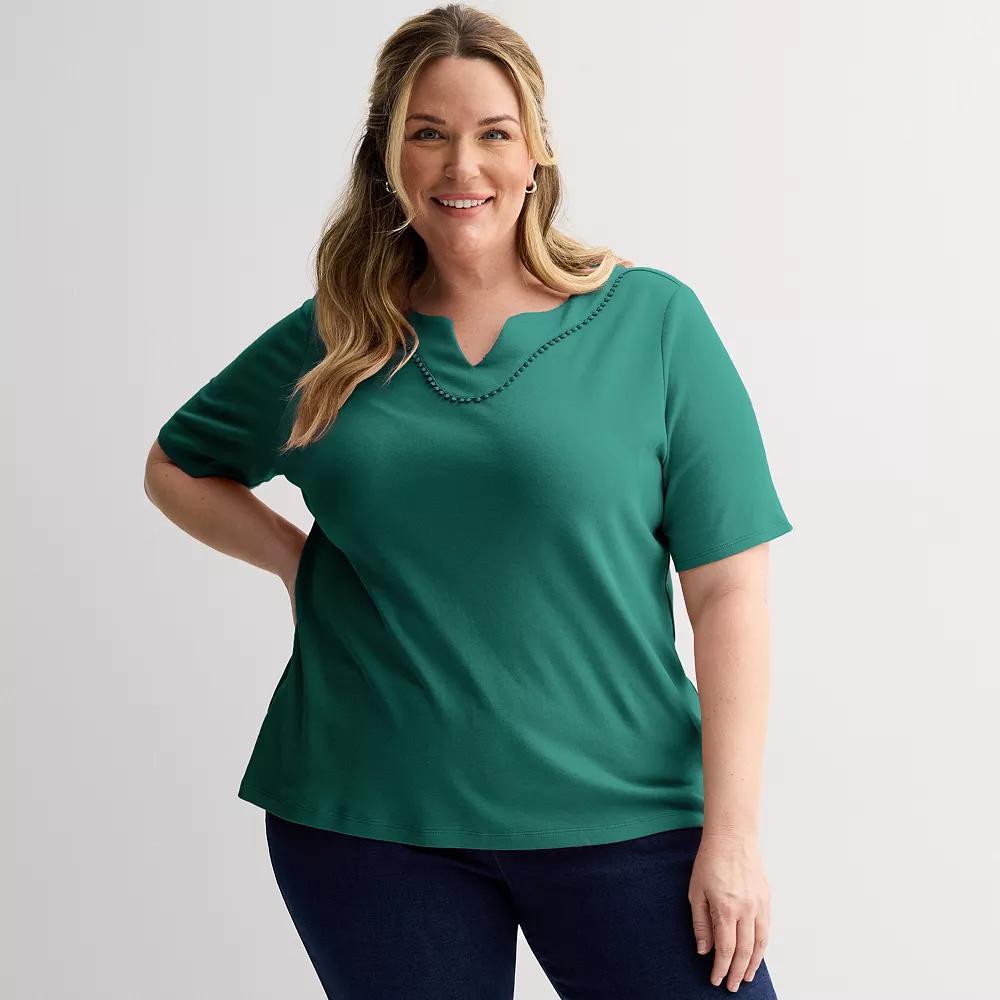 Plus Size Croft & Barrow® Bobble Trim Split Neck Top, Women's, Size: 5XL, Dark Blue Product Image