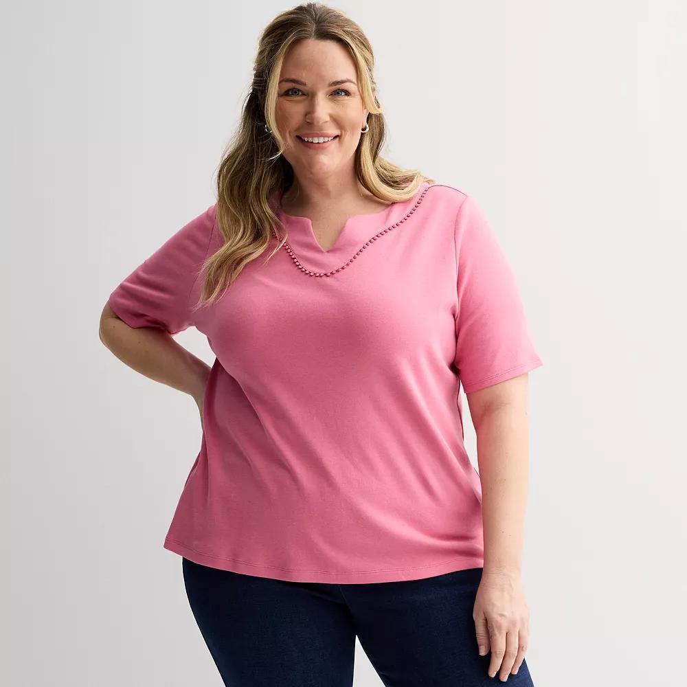 Plus Size Croft & Barrow® Bobble Trim Split Neck Top, Women's, Size: 3XL, Pinkberry Product Image