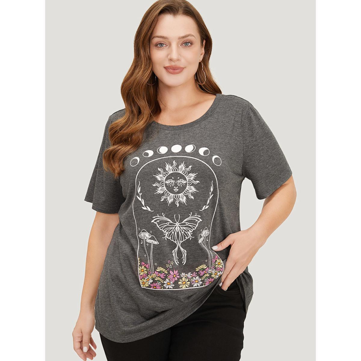 Plus Size Butterfly & Moon Print Heather Graphic T-shirt DimGray Women Casual Heather Star and moon Dailywear T-shirts BloomChic 28/5X Product Image