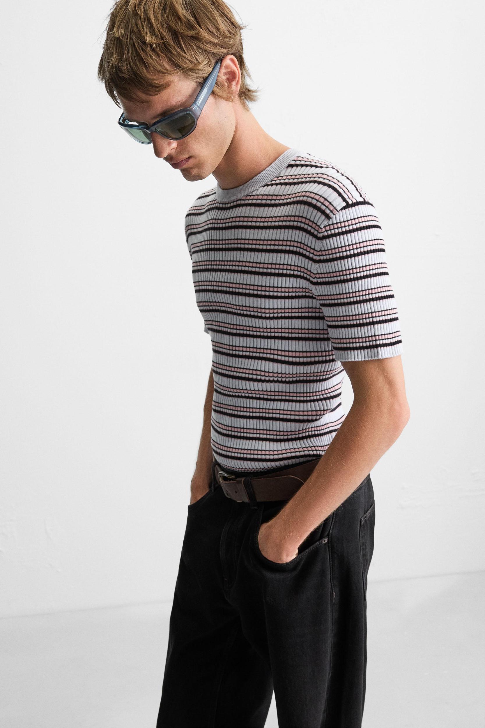STRIPED RIBBED KNIT T-SHIRT Product Image