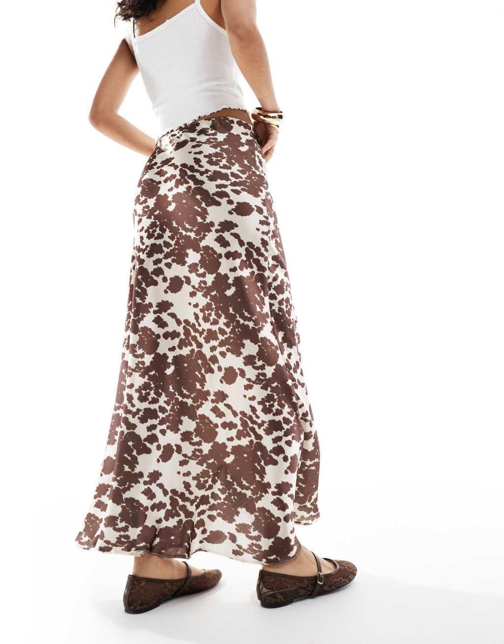 Threadbare satin maxi skirt in brown cow print Product Image