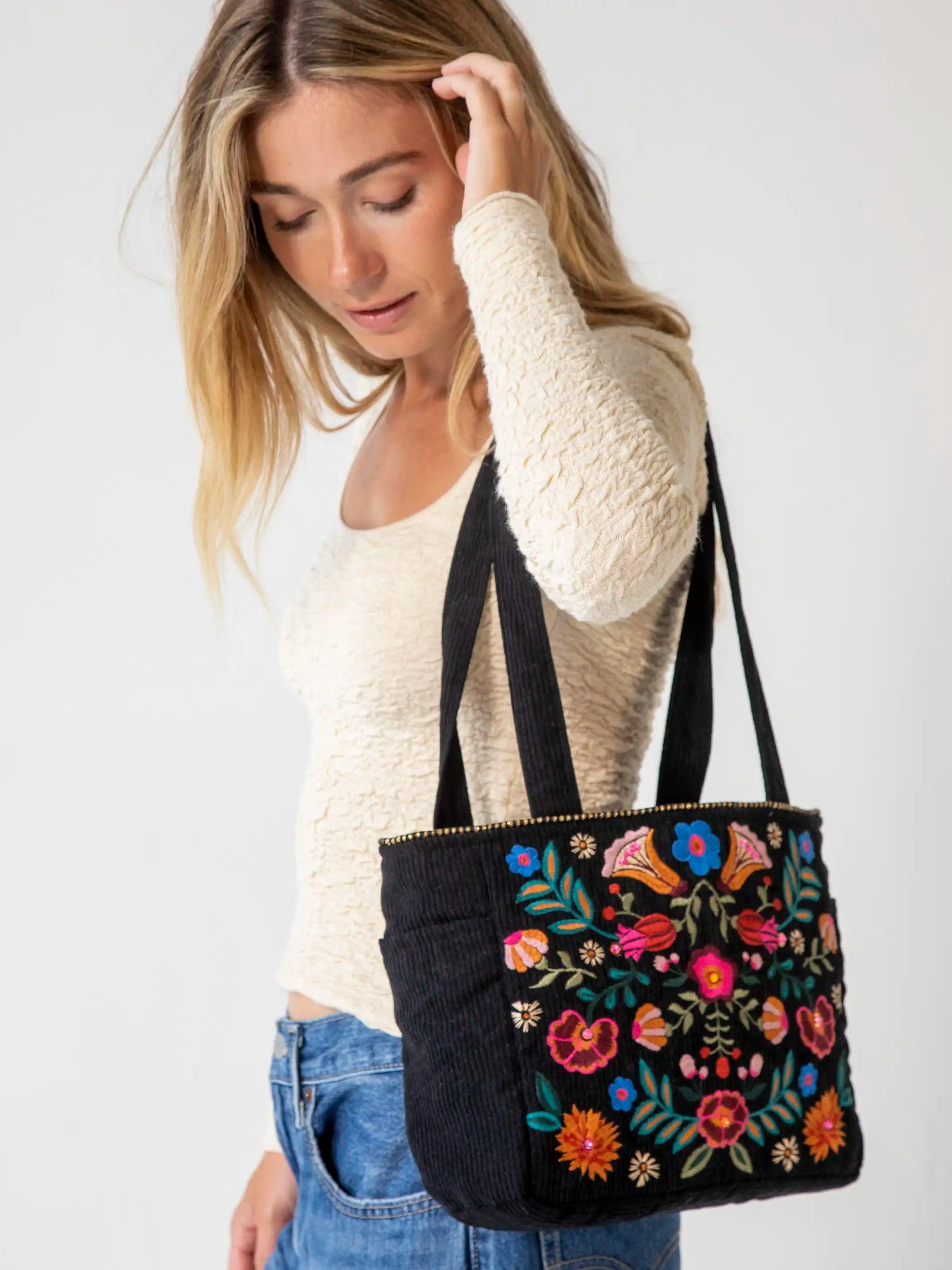 Embroidered Corduroy Tote - Black Folk Flower Product Image