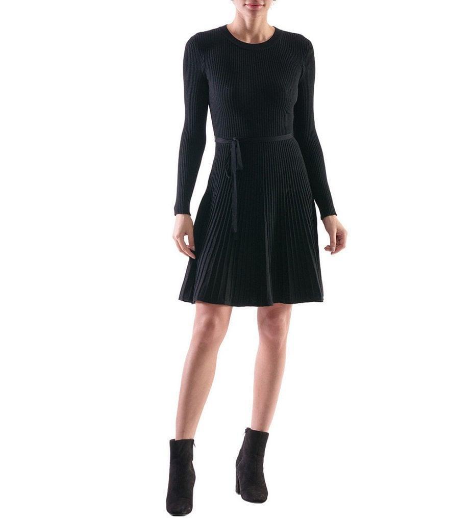 Julia Jordan Knit Crew Neck Long Sleeve Tie Waist Mini Dress Product Image