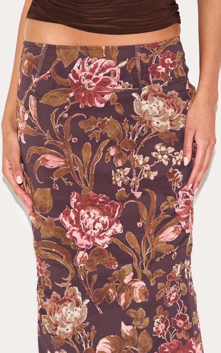  Brown Floral Print Chiffon Maxi Skirt    Product Image