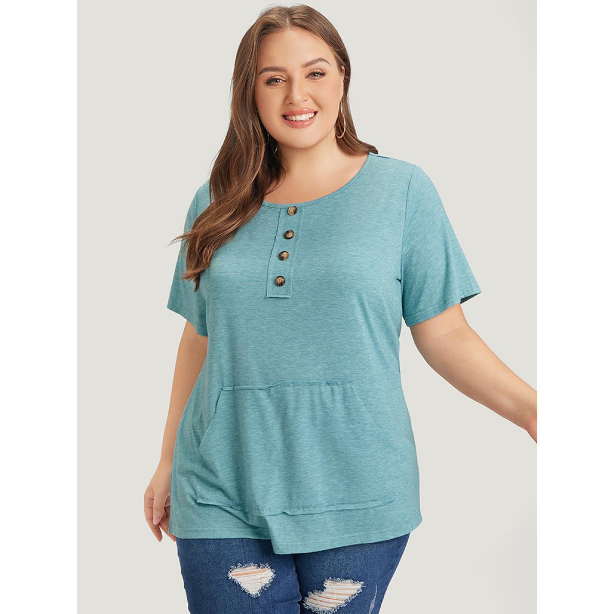 Plus Size Plain Heather Button Detail Patch Pocket T-shirt Cerulean Women Casual Heather Plain Round Neck Dailywear T-shirts BloomChic 22-24/3X Product Image