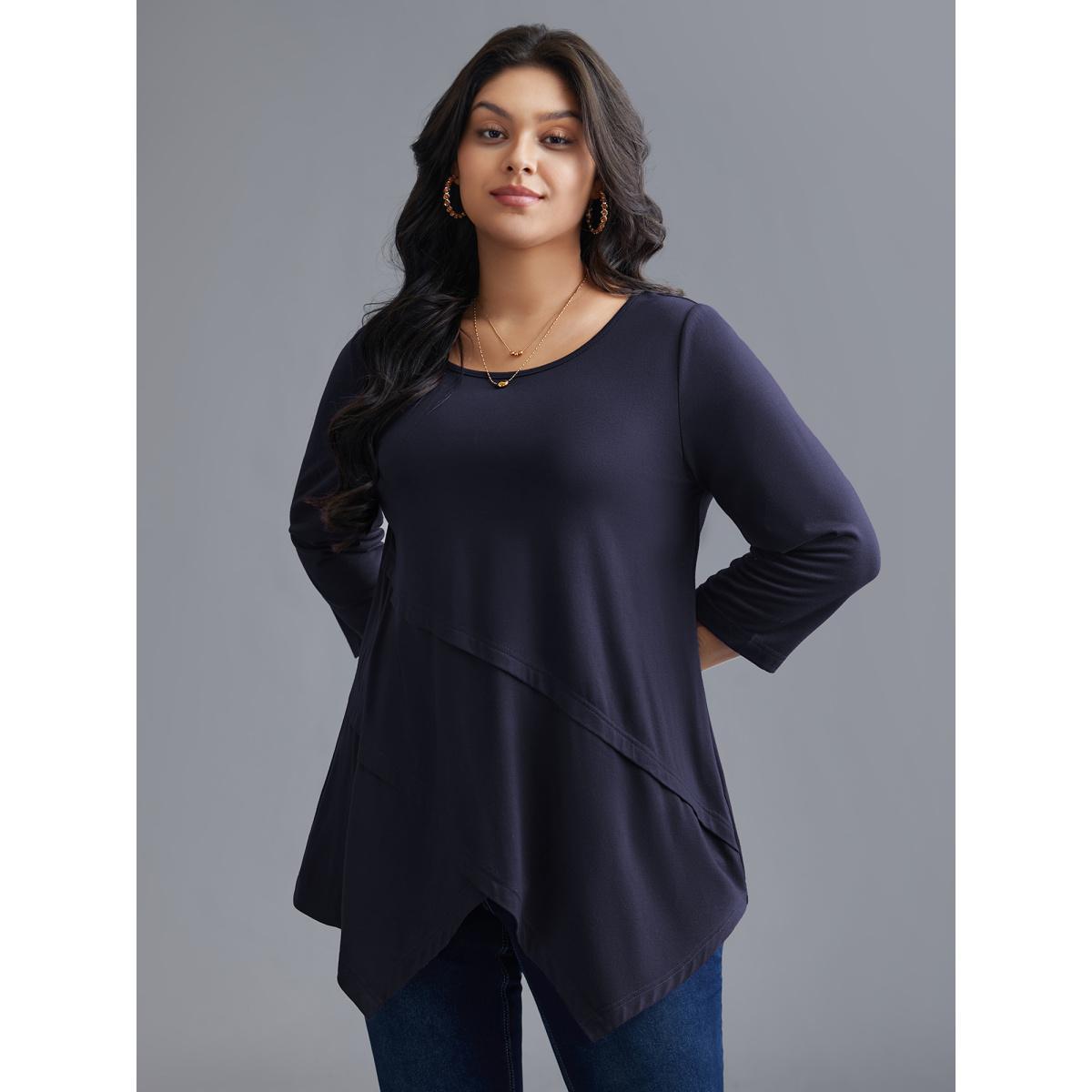 Plus Size Asymmetrical Hem Overlap Long T-shirt Eggplant Women Leisure Tucked seam Round Neck Loose Casual T-shirts BloomChic 14-16/1X Product Image