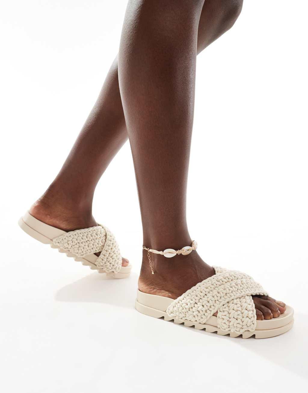 Glamorous cross strap crotchet slides in cream Product Image