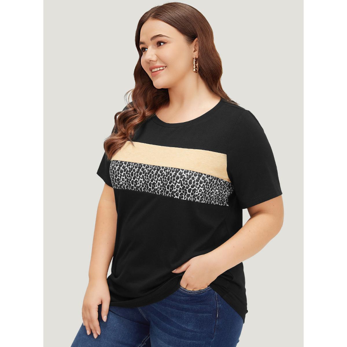 Plus Size Supersoft Essentials Leopard Colorblock Contrast Round Neck T-shirt Black Women Casual Leopard Round Neck Dailywear T-shirts BloomChic 30/6X Product Image