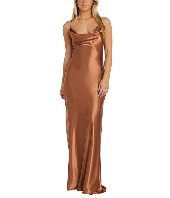 Morgan & Co. Sleeveless Long Spaghetti Strap Charmeuse Draped Front And X Back Long Dress Product Image