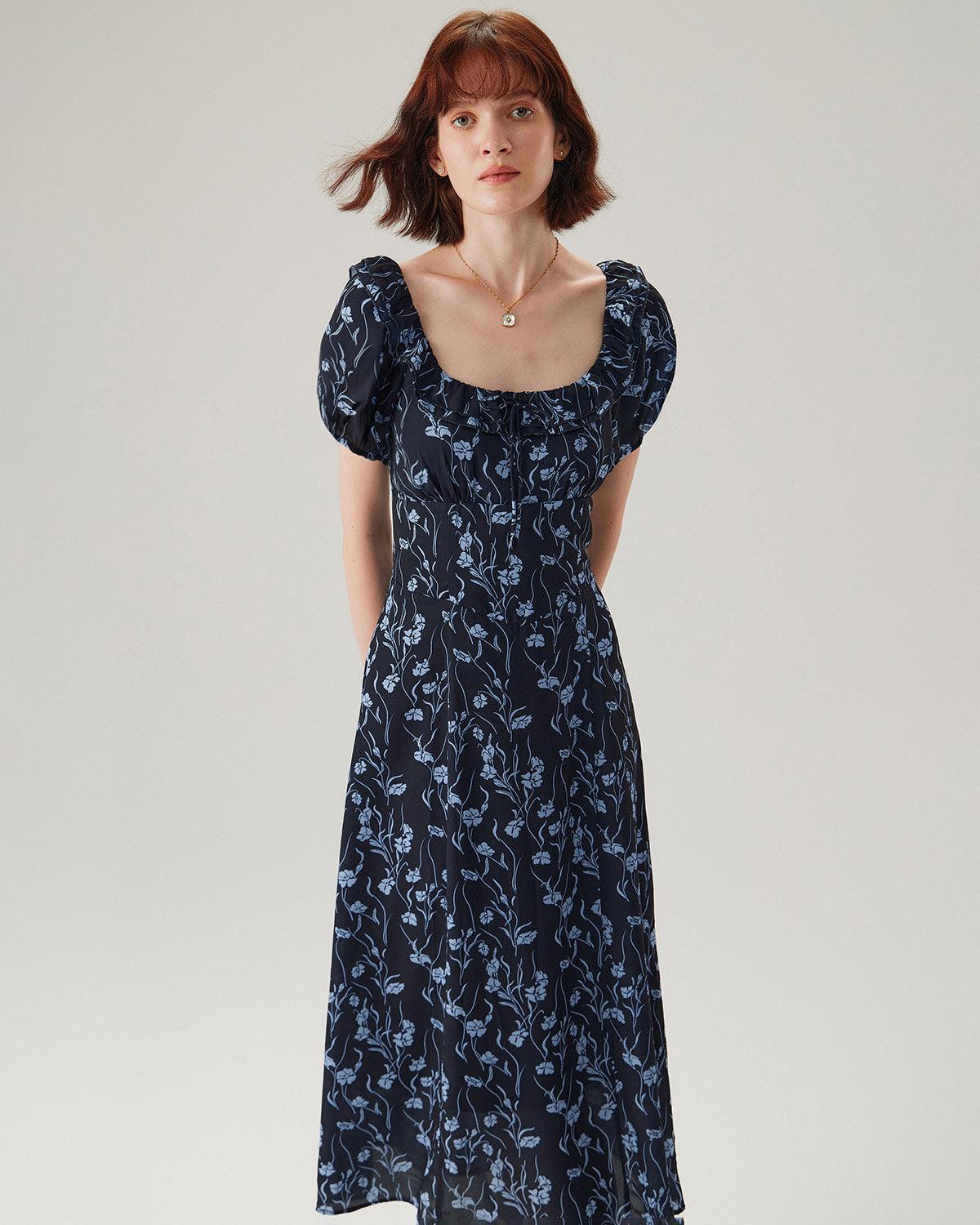 Navy Floral U-Neck Puffed-Sleeve Maxi Dress Product Image