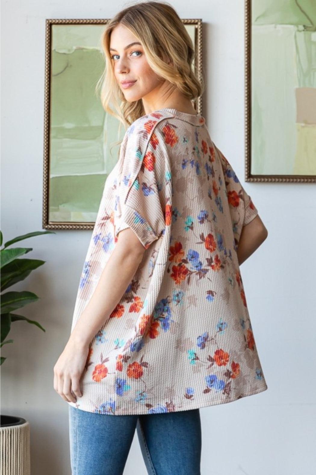 Short Sleeve Round Neck Multi Floral Print Top Product Image