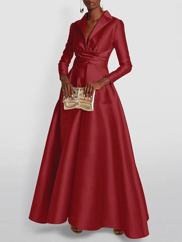 A-Line High Waisted Pleated Solid Color V-Neck Maxi Dresses Product Image