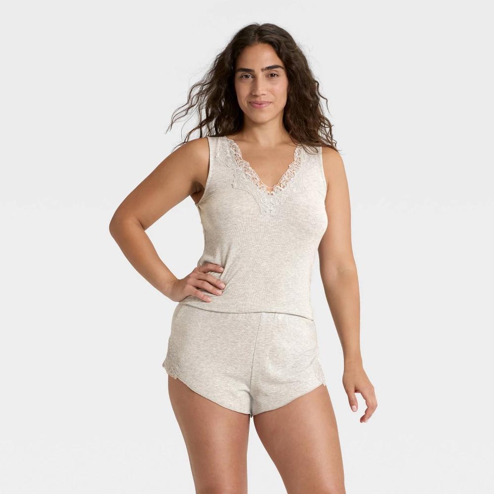 Women's Lace Trim Ribbed Tank Top and Shorts Pajama Set - Auden™ Light Gray 4X Product Image