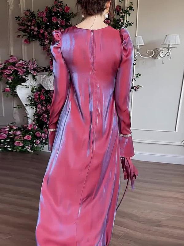 A-Line Long Sleeves Pleated Solid Color Tied Waist Zipper Round-Neck Maxi Dresses Product Image