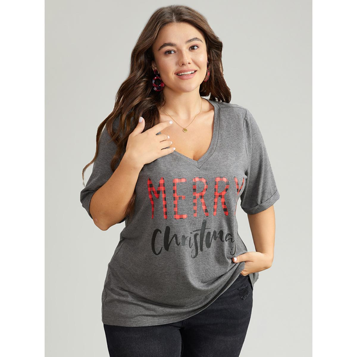 Plus Size Christmas Gingham Patchwork V Neck T-shirt DimGray Women Leisure Printed Christmas Casual T-shirts BloomChic 10/M Product Image