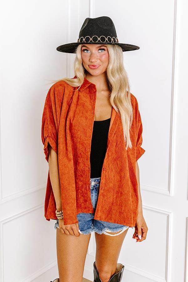 Balcony Brunch Corduroy Button Up in Rust Product Image