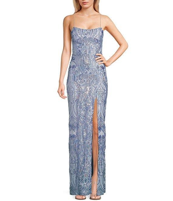 Next Up Printed Sequin Square Neck Front Slit Bungee X-Back Dress Product Image