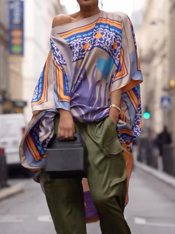 Batwing Sleeves Half Sleeves Contrast Color Printed One-shoulder Blouses&shirts Tops Product Image