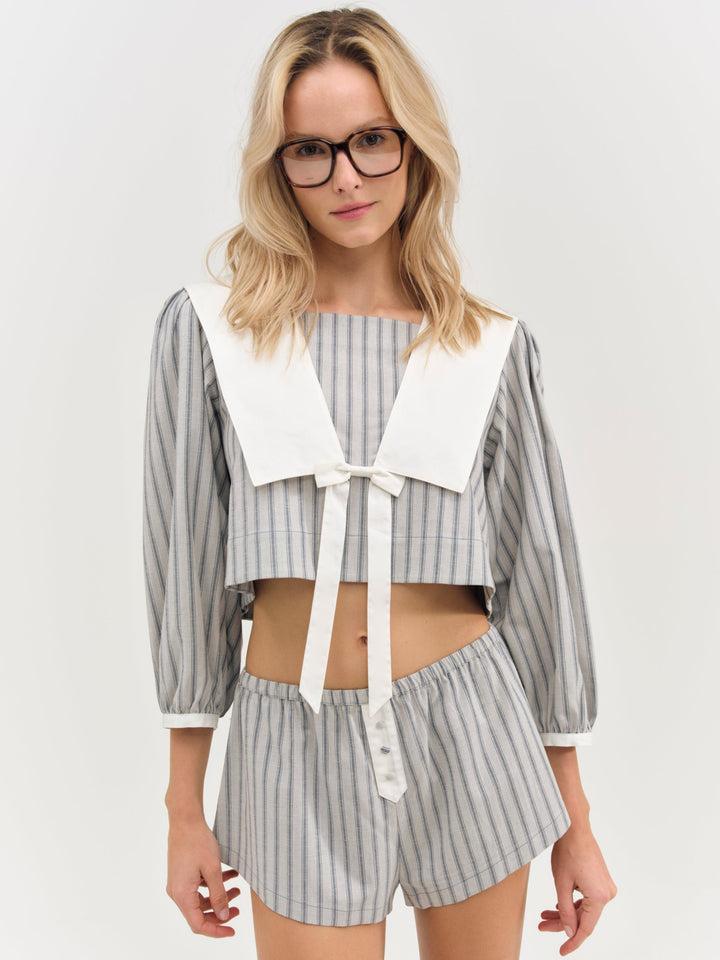 Linen Stripe Shorts — Blue Product Image