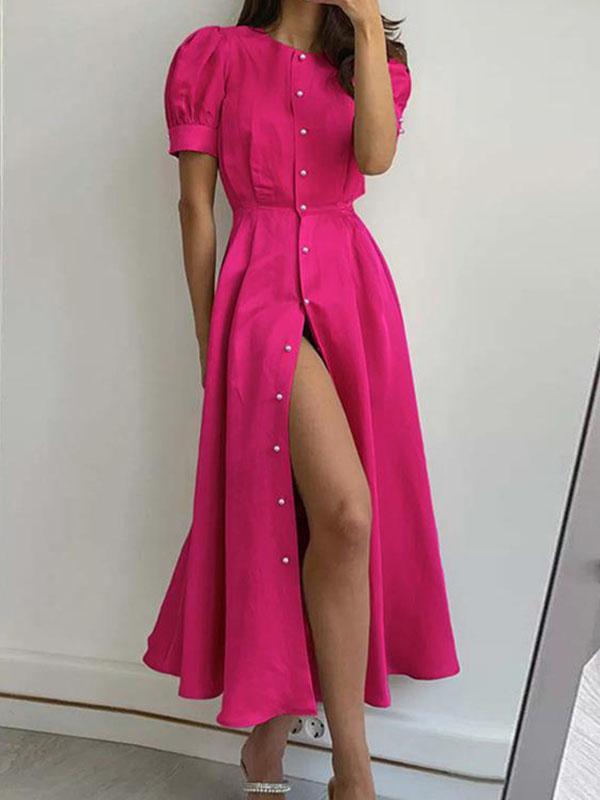 High Waisted Loose Buttoned Round-Neck Midi Dresses Product Image