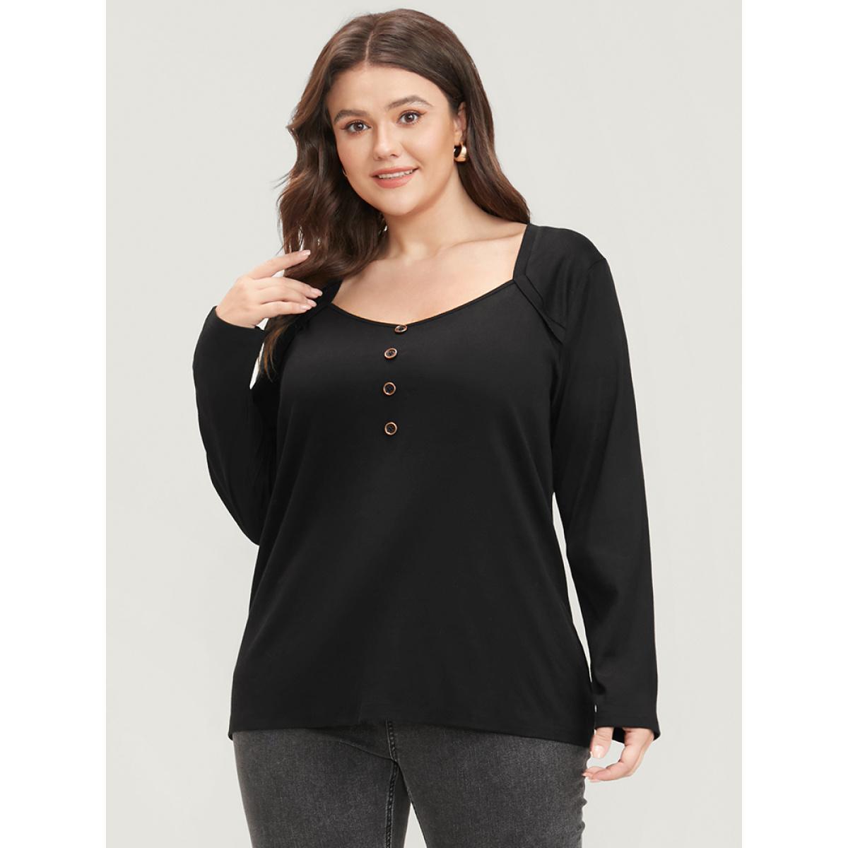 Plus Size Solid Button Detail V Neck Long Tee Black Women Elegant Button Plain V-neck Dailywear T-shirts BloomChic 26/4X Product Image