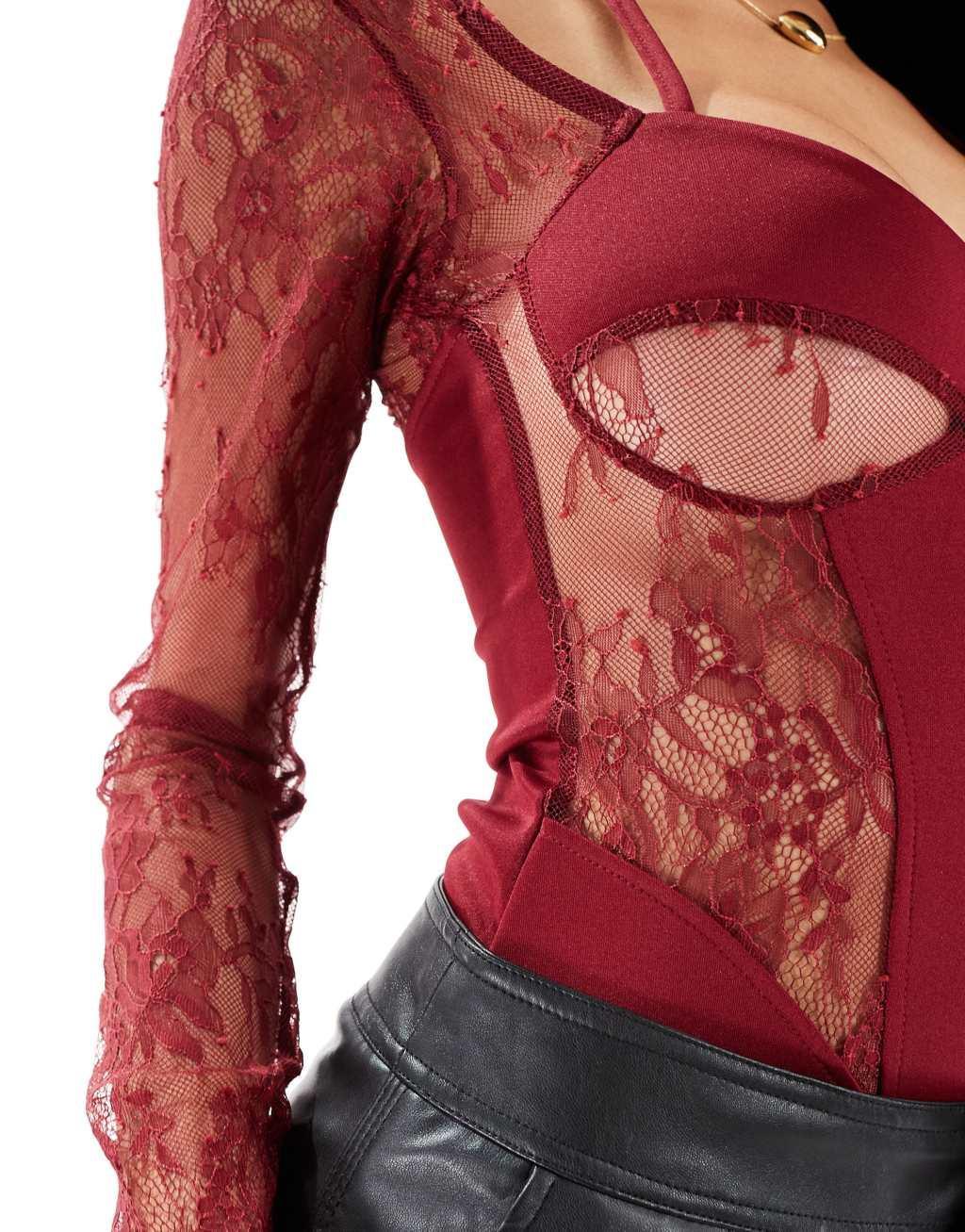 ASOS DESIGN lace insert corset bodysuit with shrug detail in burgundy Product Image