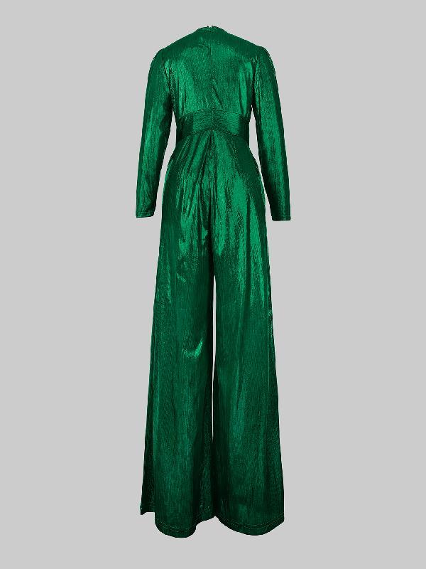 High Waisted Three-Quarter Sleeves Shiny Solid Color Deep V-Neck Jumpsuits Bottoms Product Image