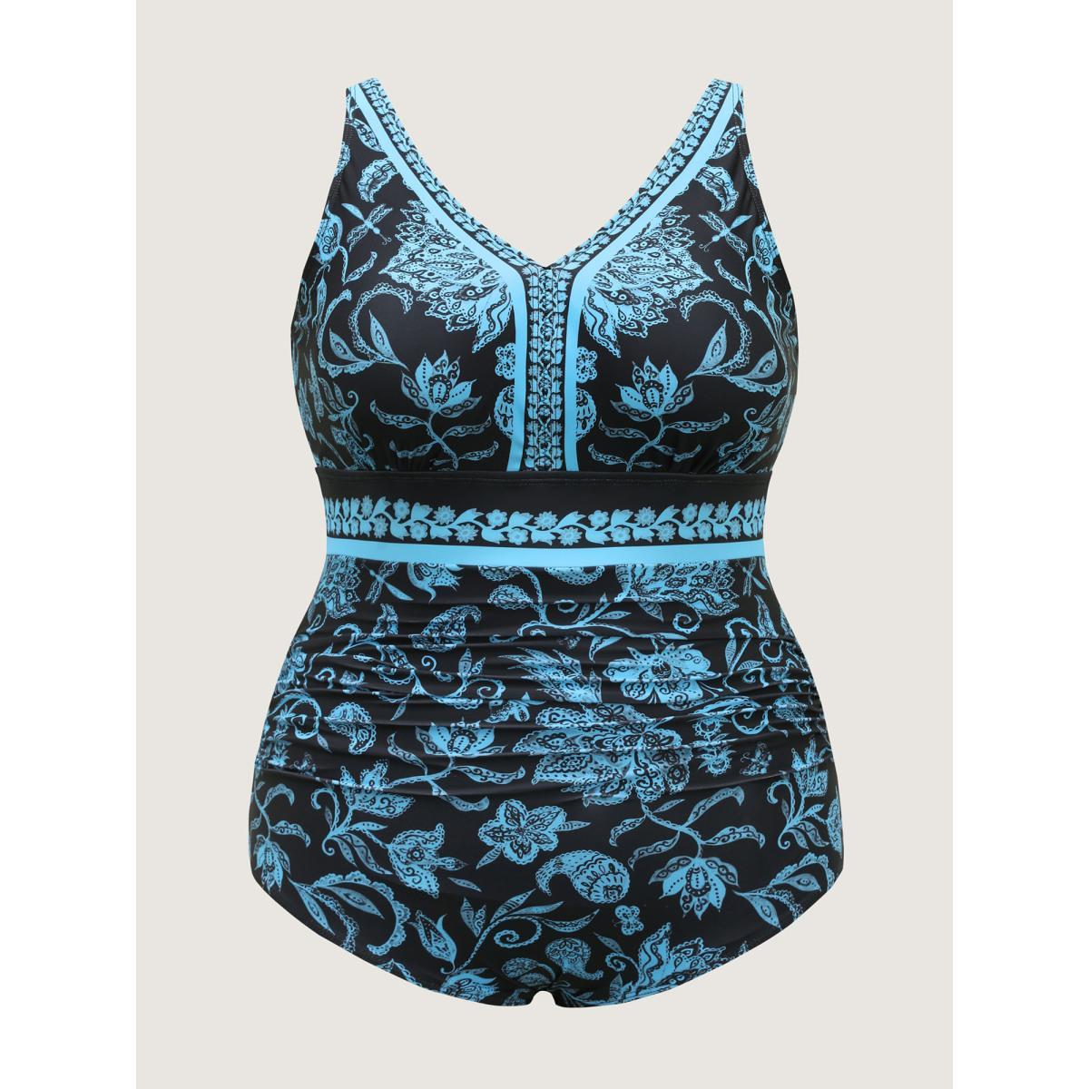 Plus Size Boho Floral Print Ruched One-Piece Swimsuit Women's Swimwear Teal Beach Gathered Curve Bathing Suits High stretch One Pieces BloomChic 14-16/1X Product Image