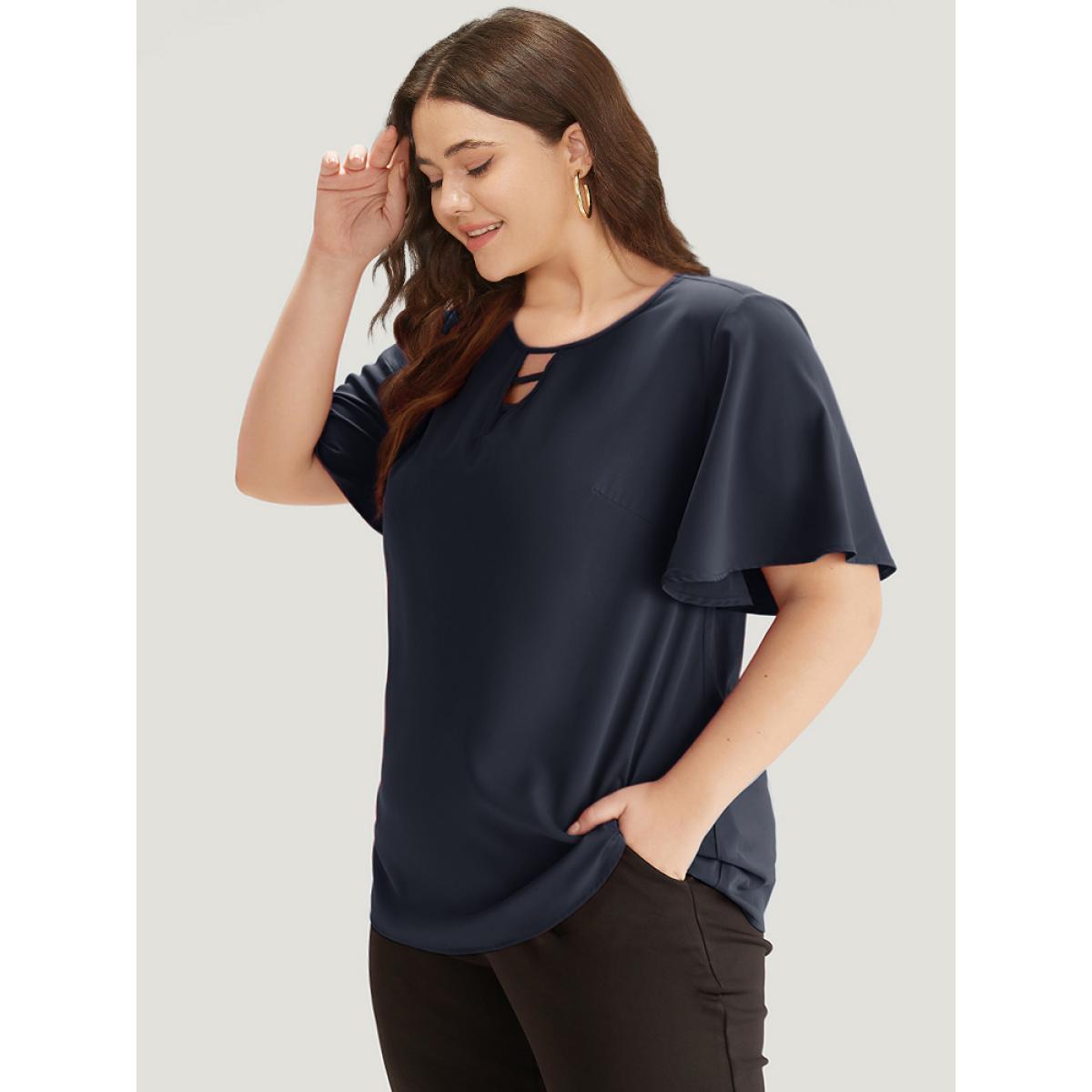 Plus Size Indigo Plain Ruffle Sleeve Cut Out Blouse Women Office Short sleeve Keyhole Cut-Out Office Blouses BloomChic 12/L Product Image