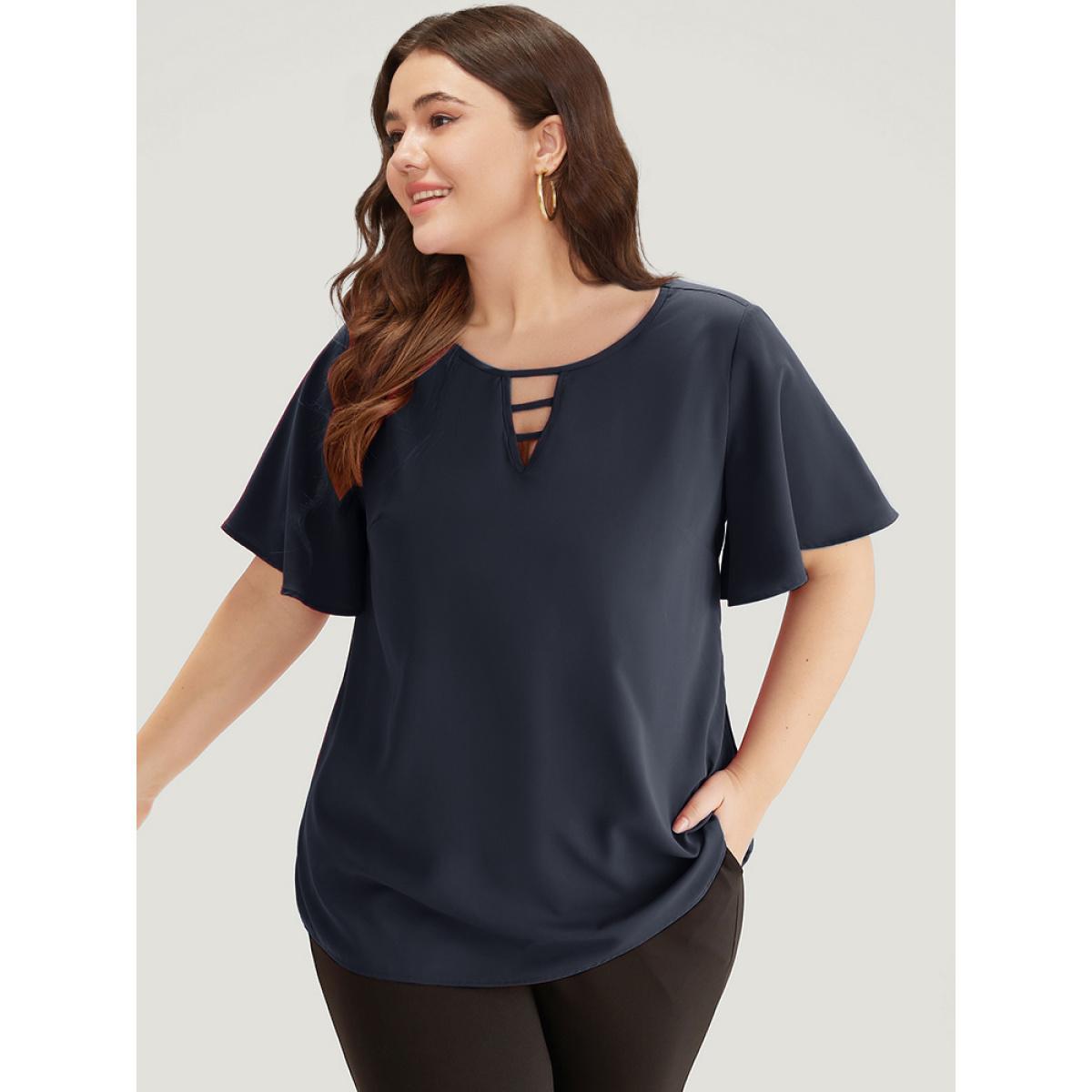 Plus Size Indigo Plain Ruffle Sleeve Cut Out Blouse Women Office Short sleeve Keyhole Cut-Out Office Blouses BloomChic 12/L Product Image