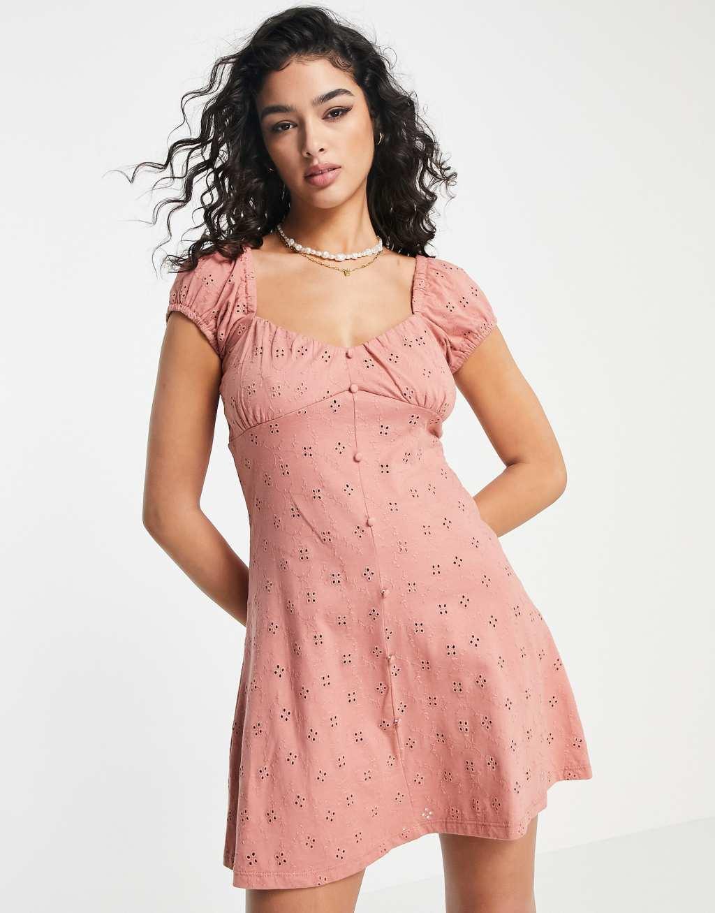 ASOS DESIGN broderie bust detail mini tea dress with buttons Product Image