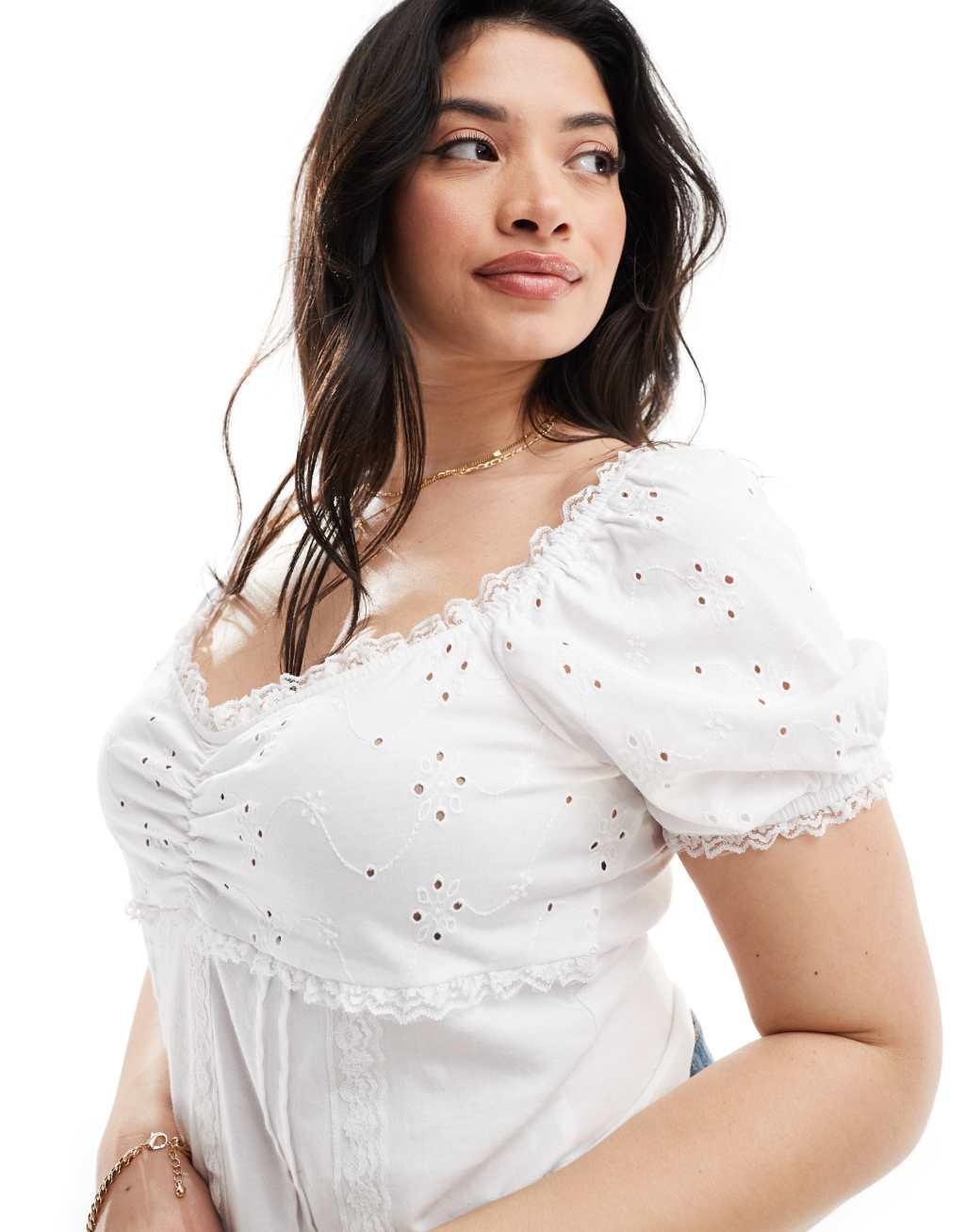 ASOS DESIGN Curve puff sleeve eyelet milkmaid top in white Product Image