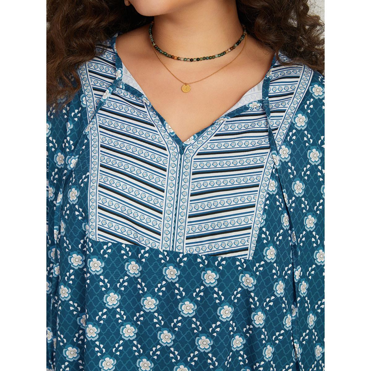 Plus Size Bandana Print Knot Neck Lantern Sleeve Dress Aegean Women Vacation Elastic cuffs Tie Neck Long Sleeve Curvy Midi Dress BloomChic 14-16/1X Product Image