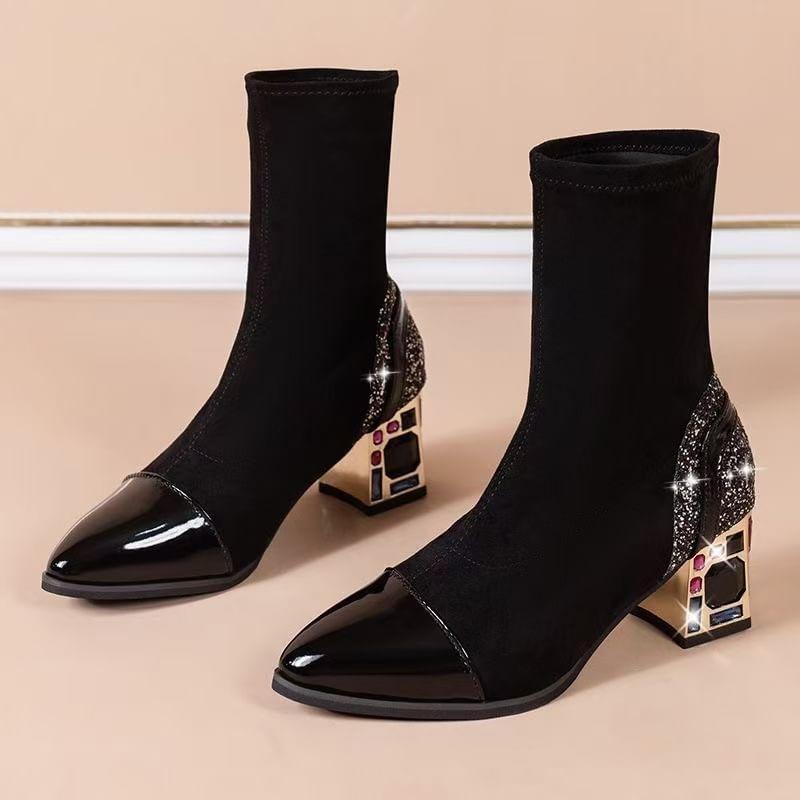 Chunky Heel Pointed Toe Sequin Panel Short Boots Product Image