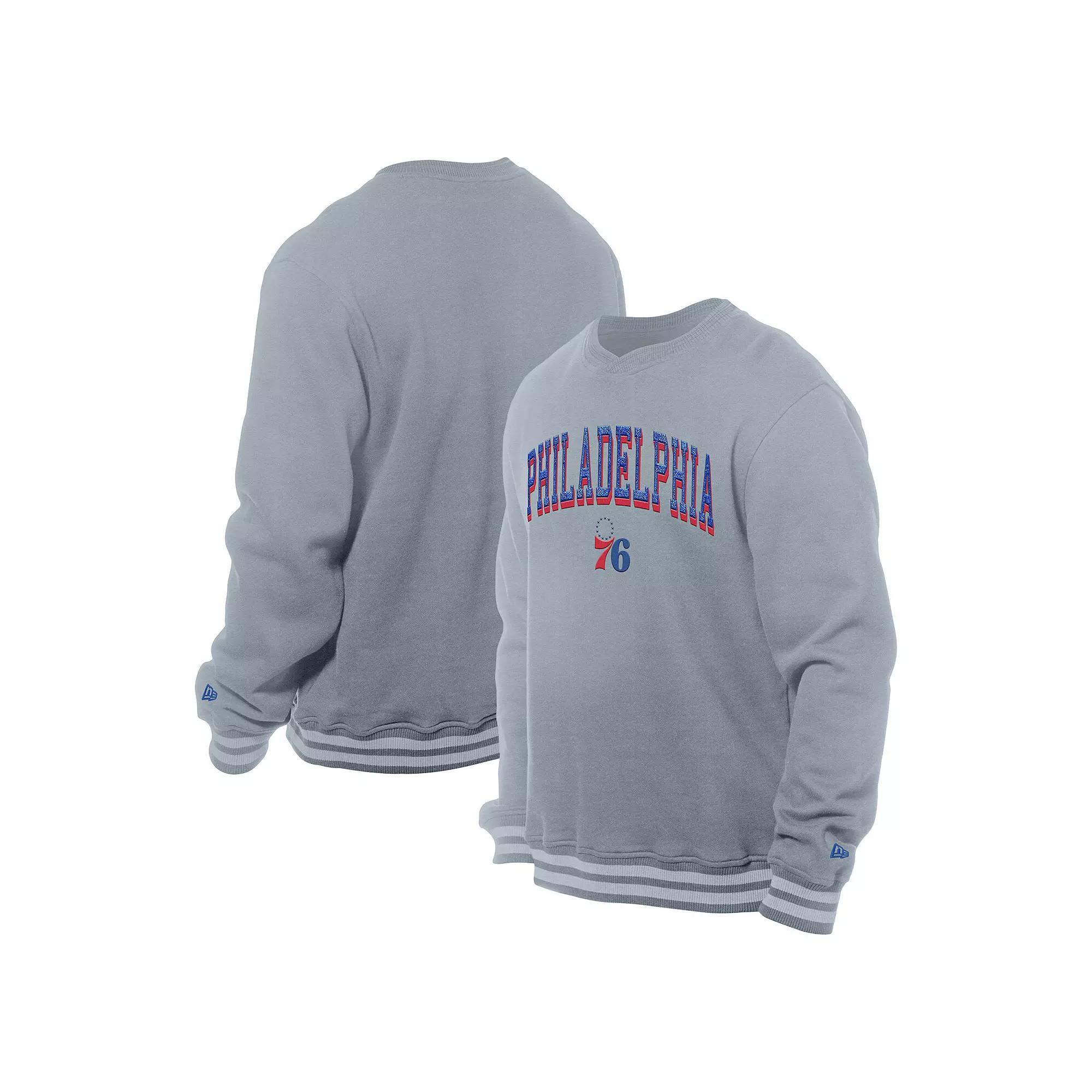 Men's New Era Gray Philadelphia 76ers Chenille Cross Over Pullover Sweatshirt,  Product Image
