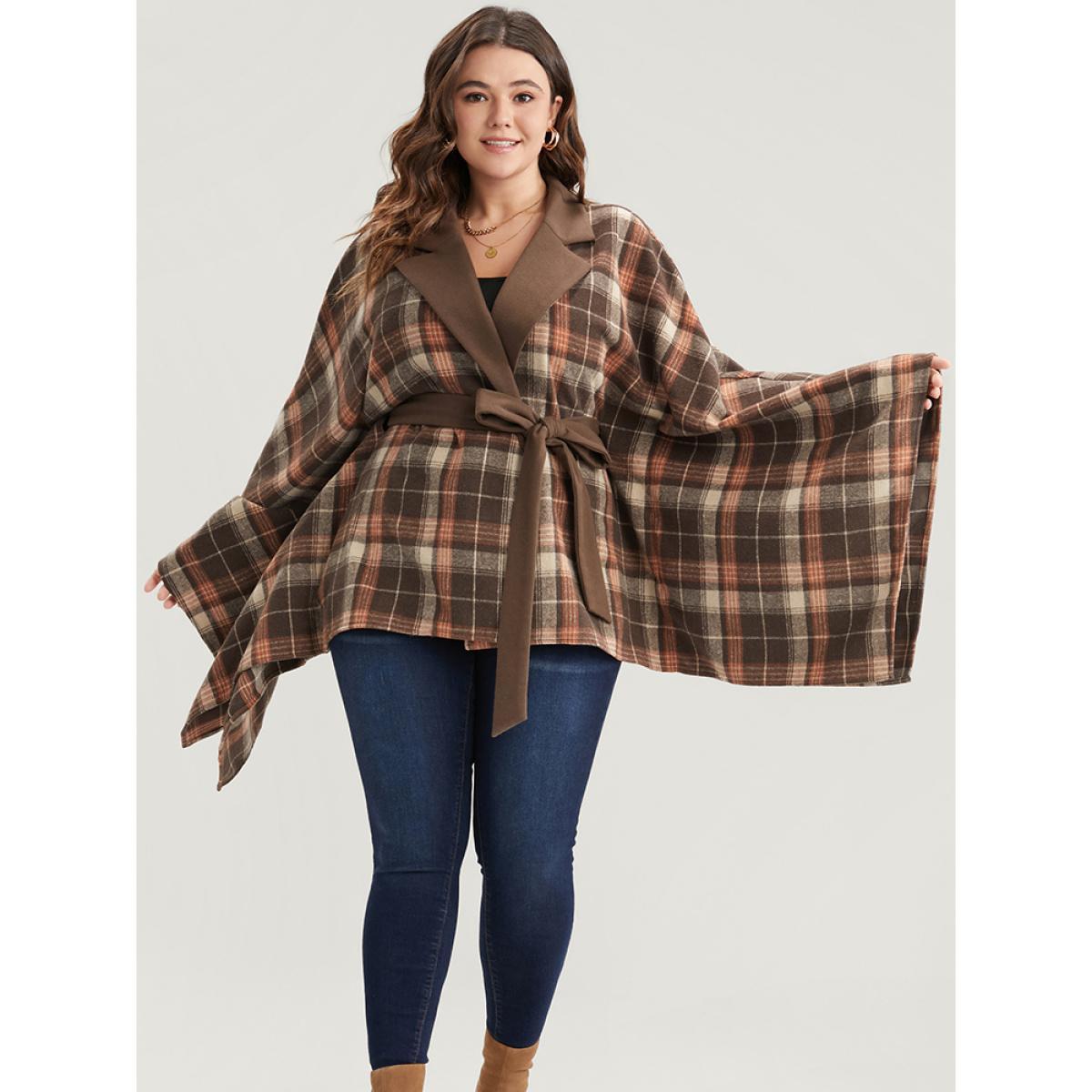 Plus Size Plaid Contrast Suit Collar Dolman Sleeve Belted Coat Women DarkBrown Elegant Belted Loose Ladies Dailywear Winter Coats BloomChic 12/L Product Image