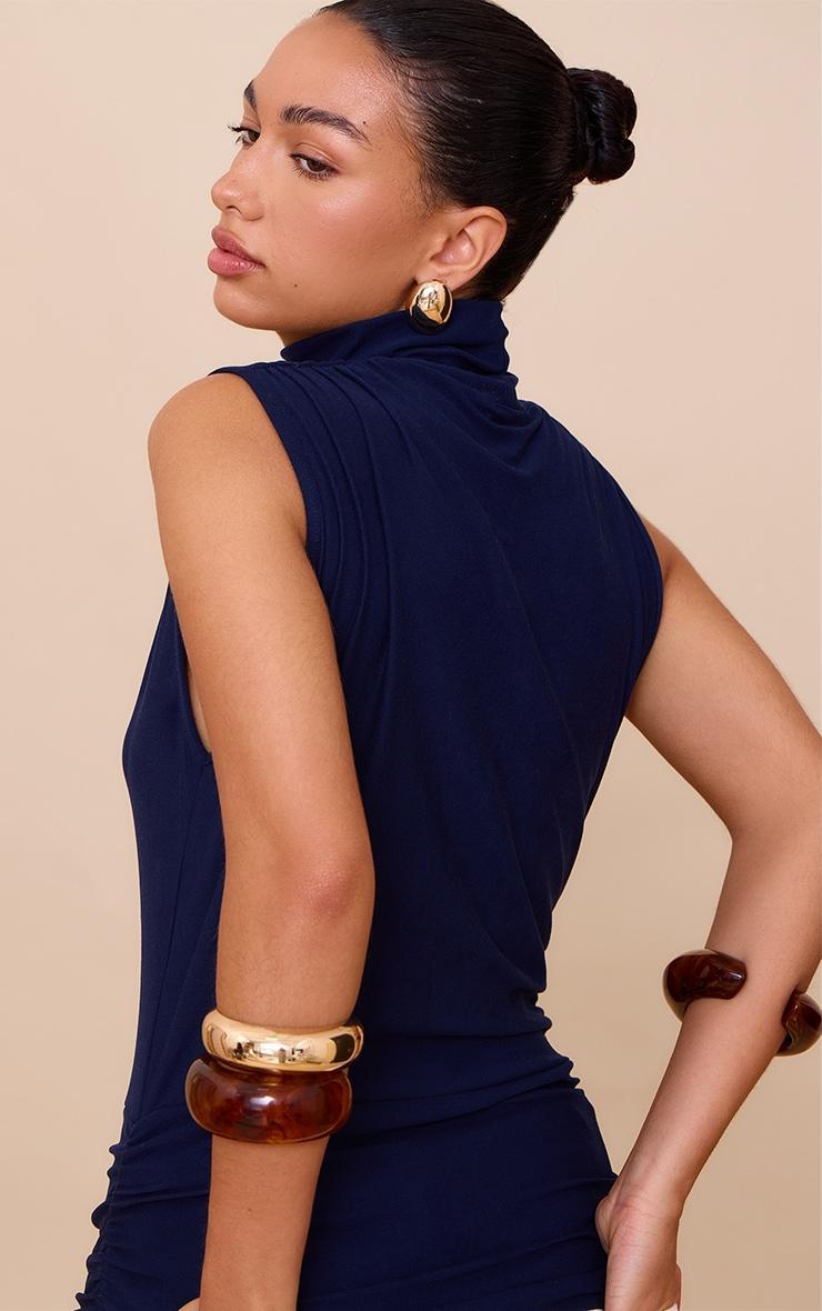 Navy Soft Touch Ruched Side High Neck Top Product Image