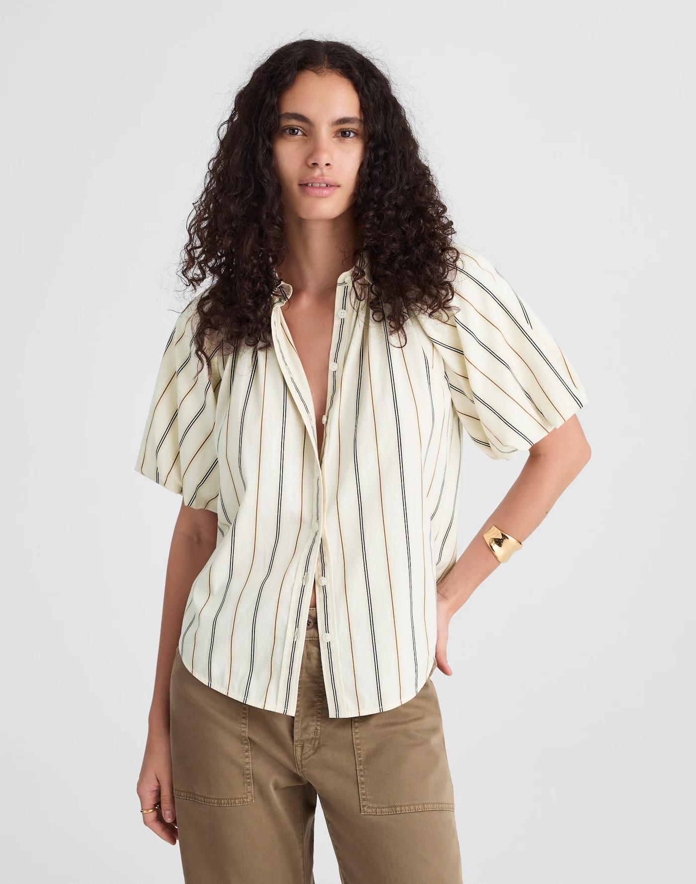Shirred Bubble-Sleeve Button-Up Shirt in Poplin Product Image