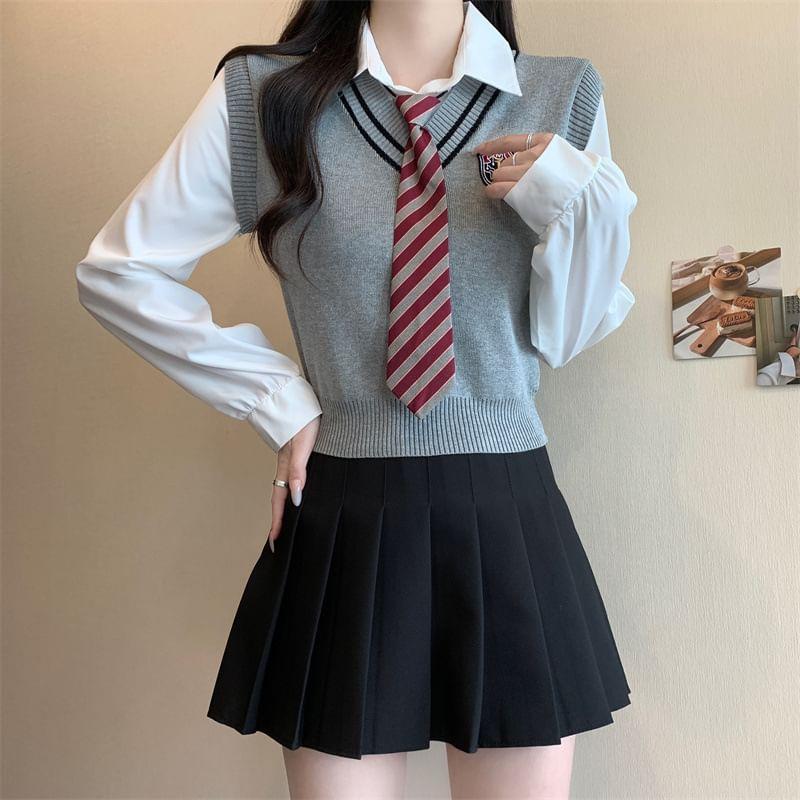 Set: Mock Two-Piece Long-Sleeve Logo Applique Knit Panel Shirt + Striped Necktie Product Image