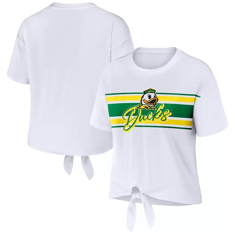 Women's WEAR by Erin Andrews White Oregon Ducks Striped Front Knot Cropped T-Shirt,  Product Image