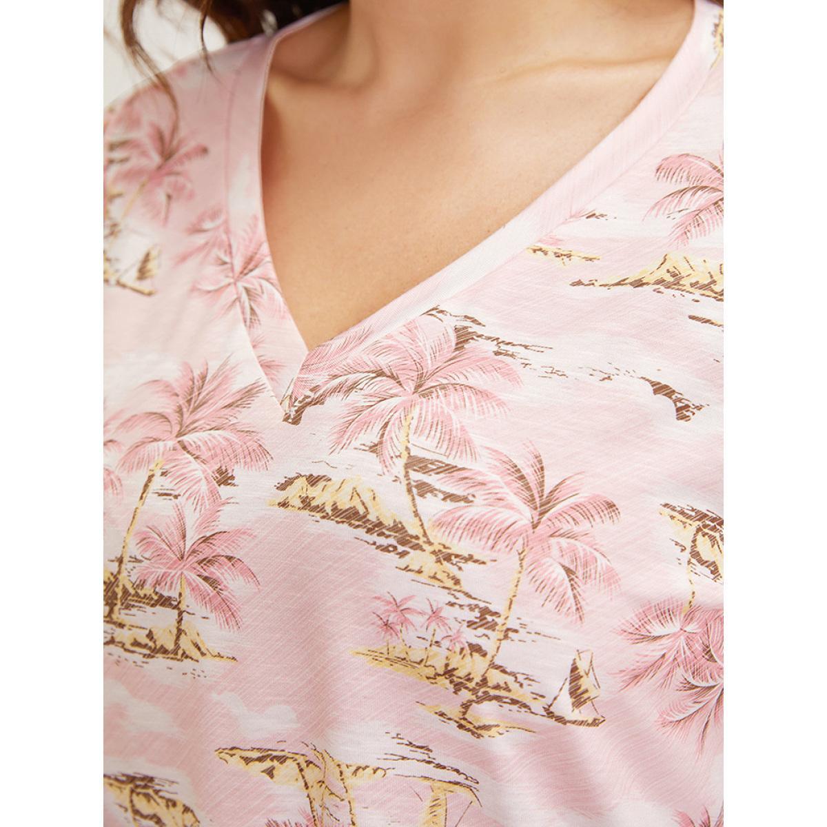 Plus Size Coconut Tree Print Gathered Twist Sleeve T-shirt Rouge Women Vacation Tropical V-neck Dailywear T-shirts BloomChic 12/L Product Image