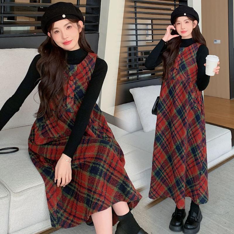 Maternity Sleeveless Plaid Midi A-Line Dress Product Image