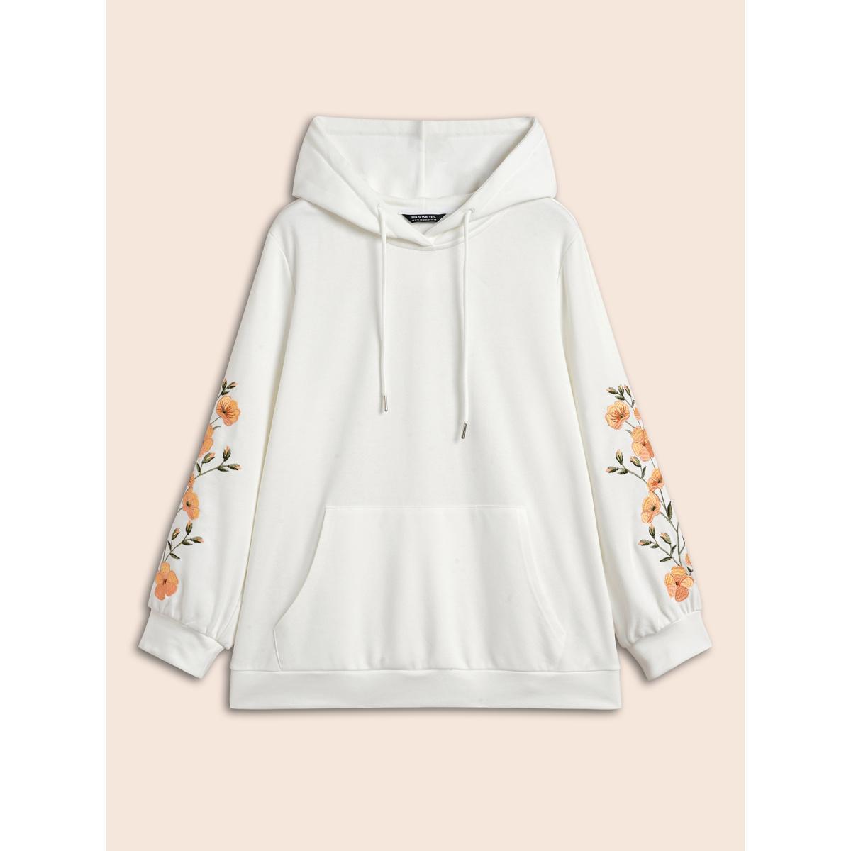 Plus Size Floral Embroidered Hooded Drawstring Sweatshirt Women WhiteSmoke Elegant Embroidered Hooded Everyday Sweatshirts BloomChic 28/5X Product Image