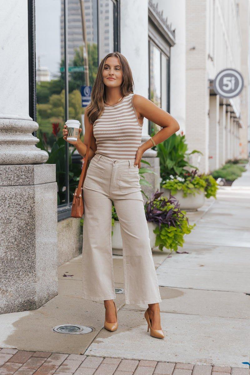 Neutral High Waisted Wide Leg Pants - Stone - FINAL SALE Product Image