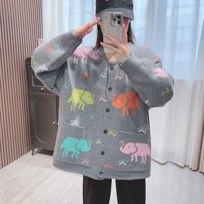 Round Neck Elephant Jacquard Cardigan Product Image