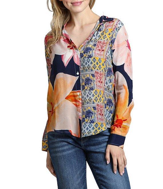 APNY Mixed Media Collared Long Sleeve Button Up Top Product Image