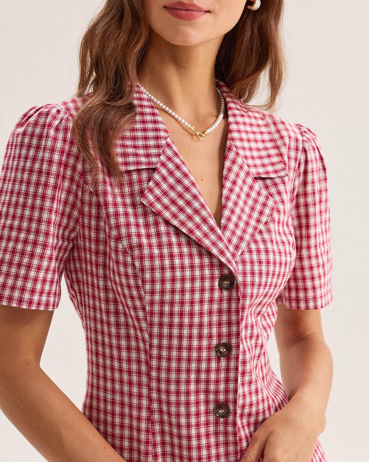 Red Plaid Pocket Button Mini Dress Product Image